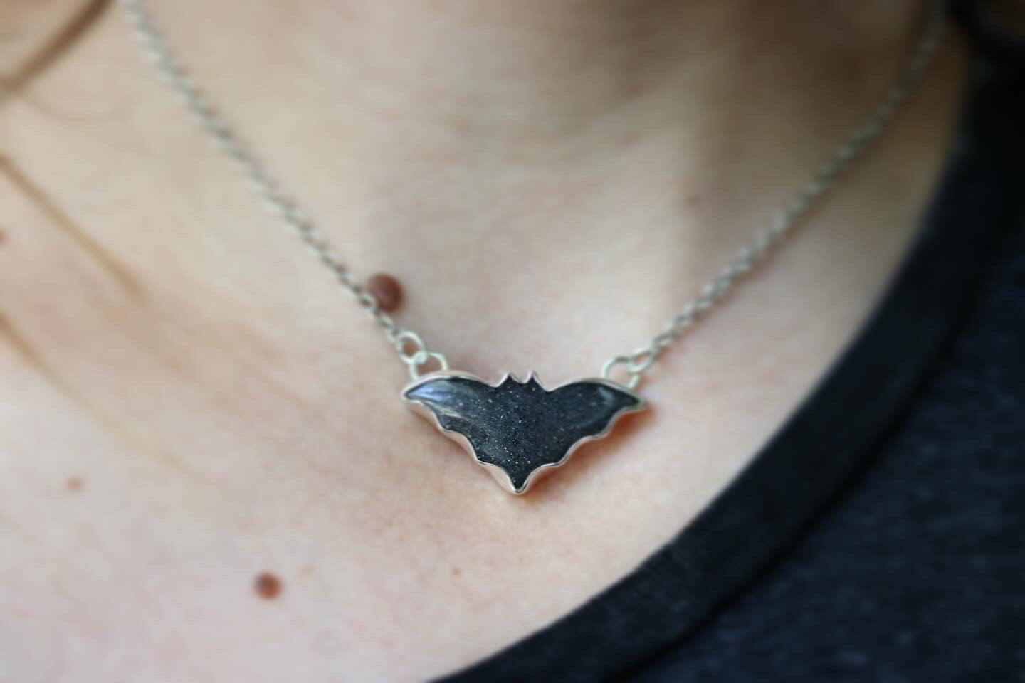Sterling silver midnight quartz bat choker necklace