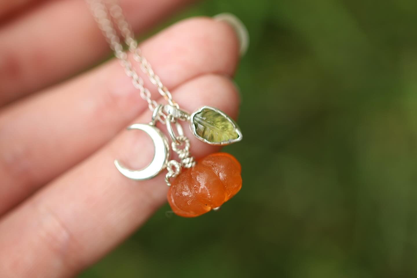 Sterling silver moon, leaf and pumpkin charm necklace