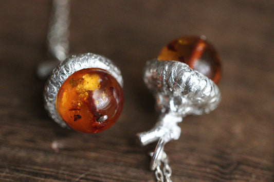 Sterling silver Baltic amber acorn necklace