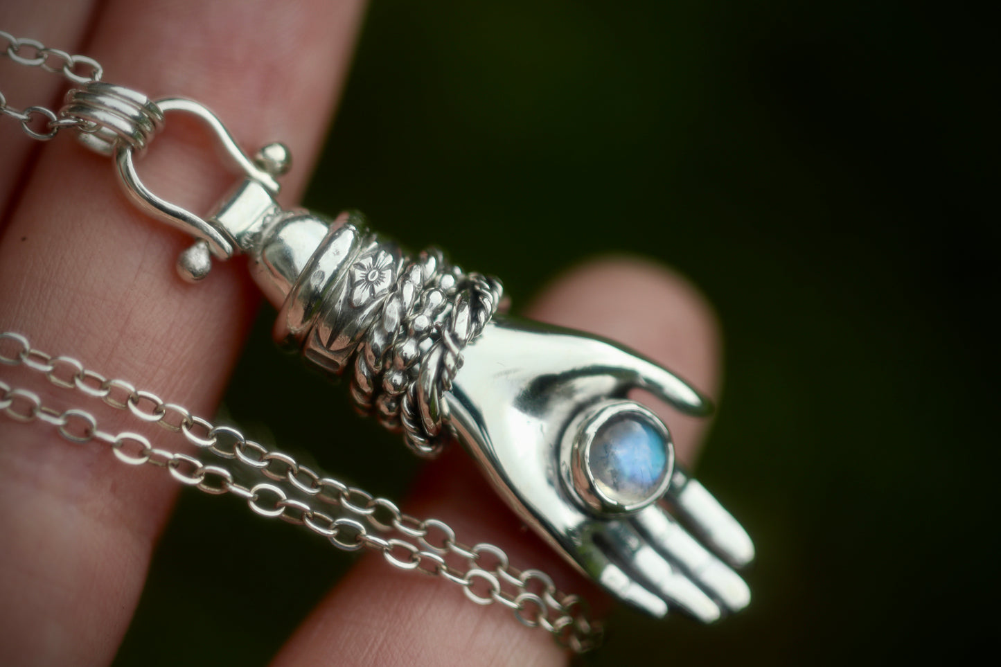 Sterling silver moonstone boho hand necklace