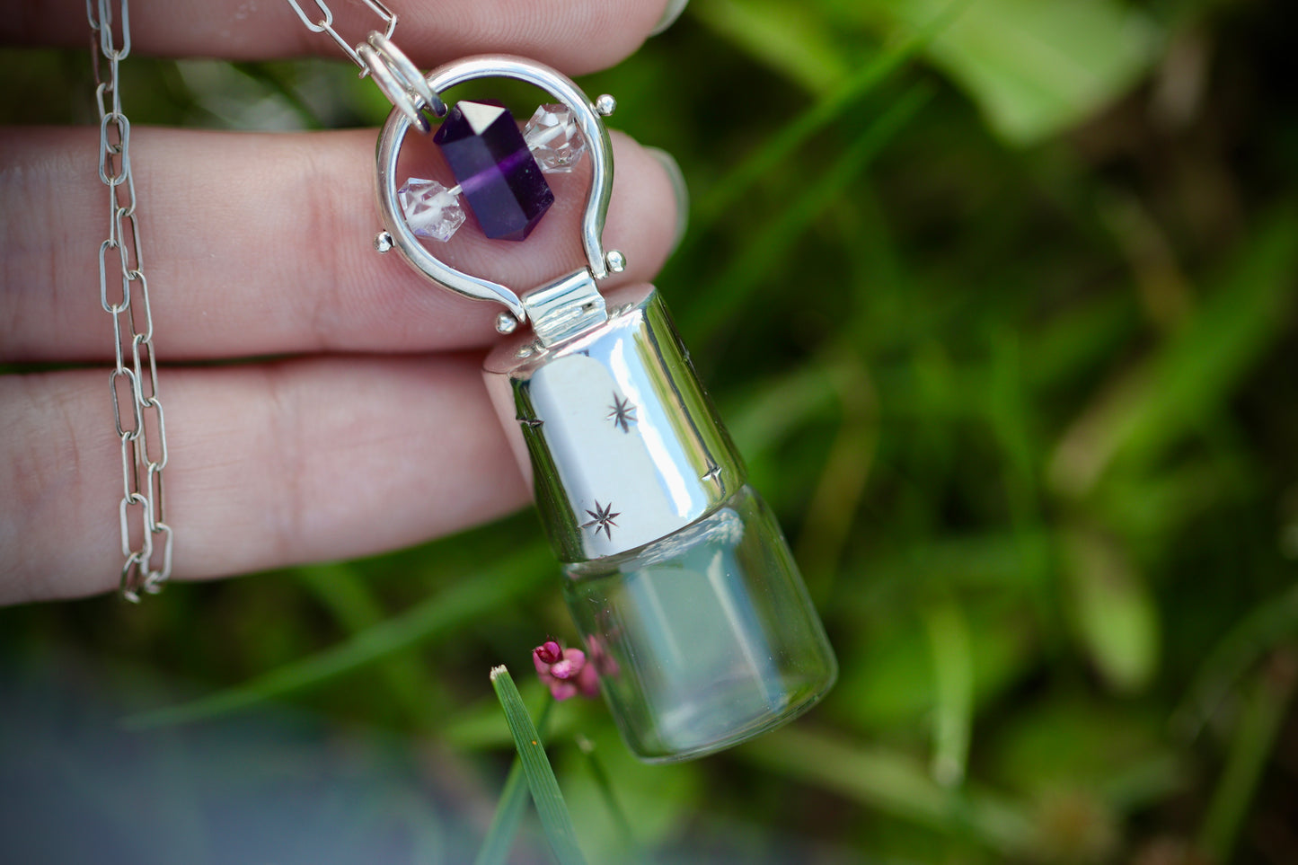 Herkimer diamond and amethyst cast sterling silver essential oil necklace