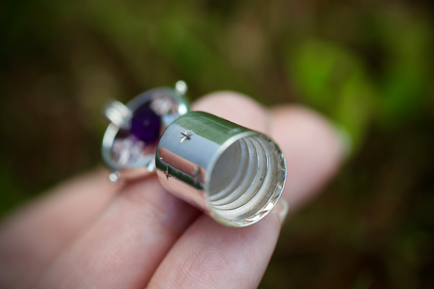 Herkimer diamond and amethyst cast sterling silver essential oil necklace