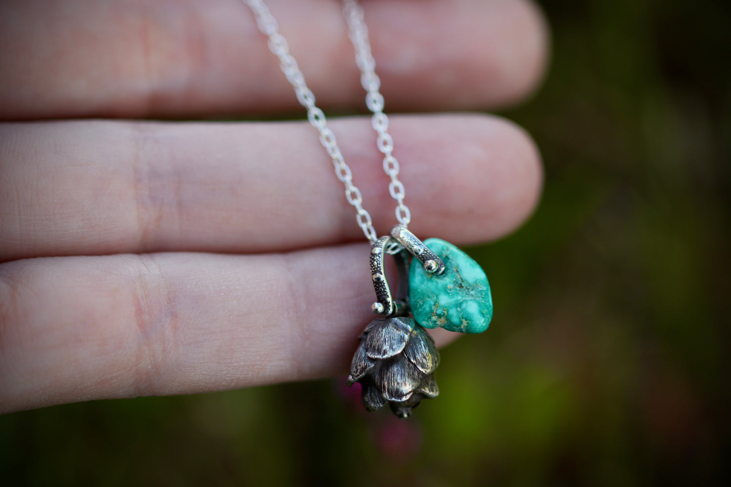 Sterling silver turquoise hemlock cone necklace