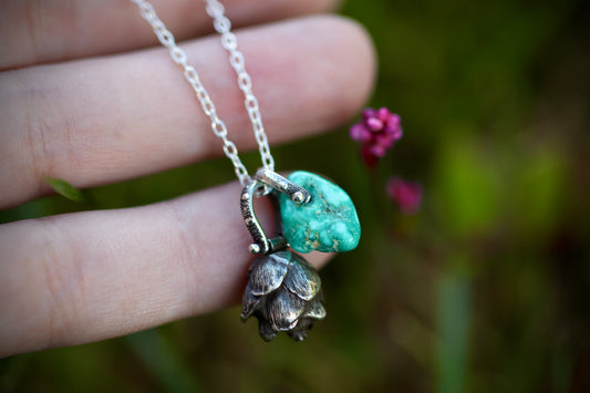 Sterling silver turquoise hemlock cone necklace