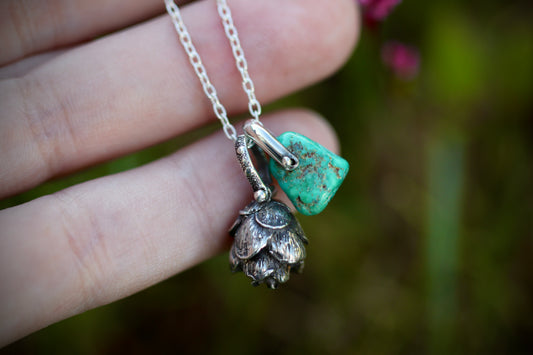 Sterling silver turquoise hemlock cone necklace