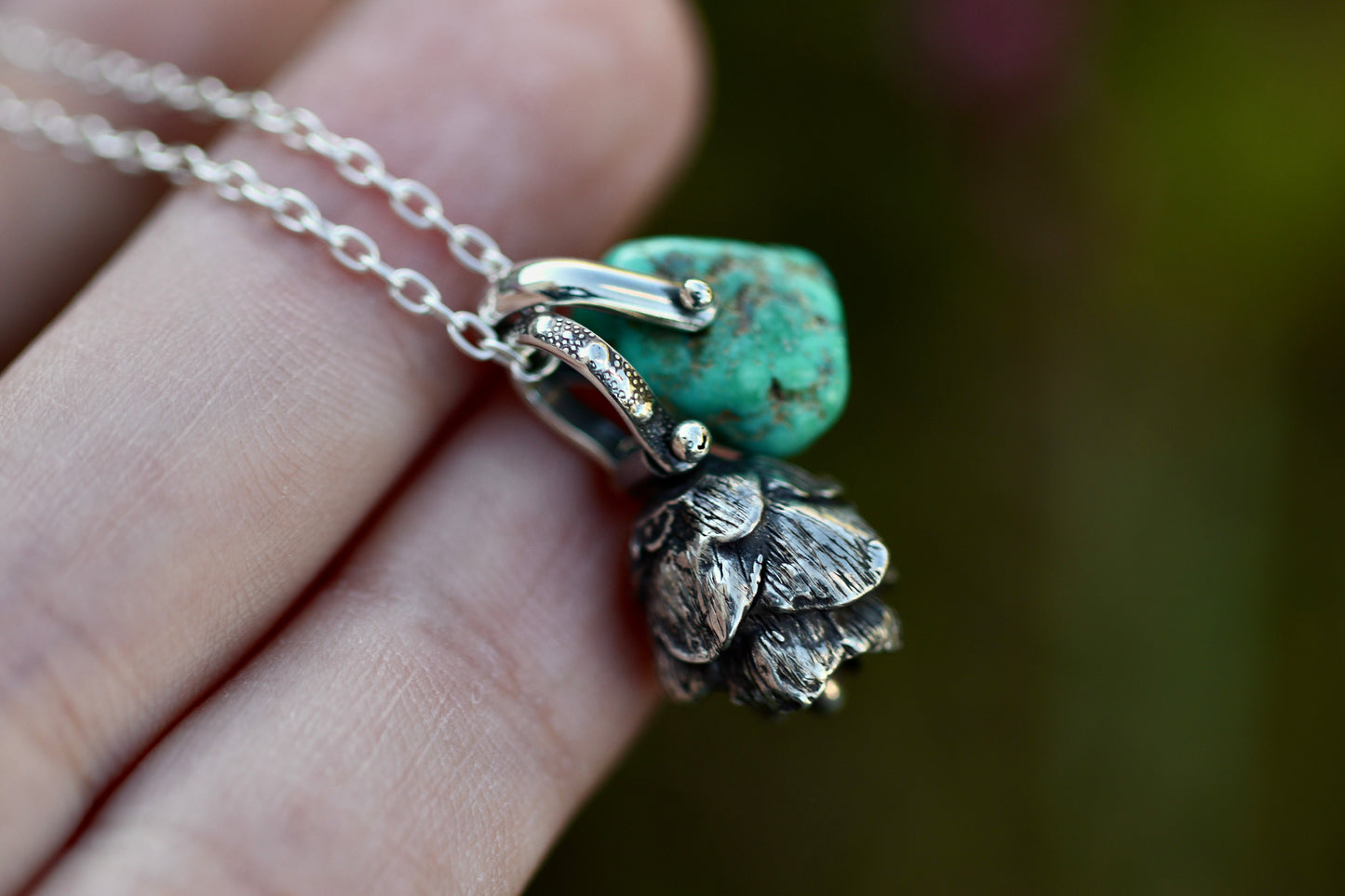 Sterling silver turquoise hemlock cone necklace