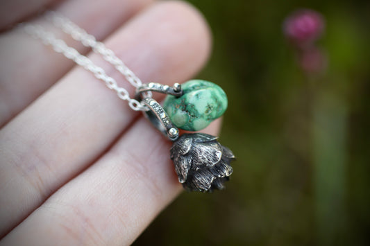 Sterling silver turquoise hemlock cone necklace