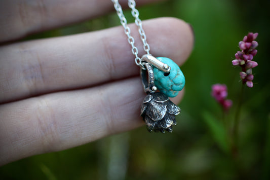 Sterling silver turquoise hemlock cone necklace