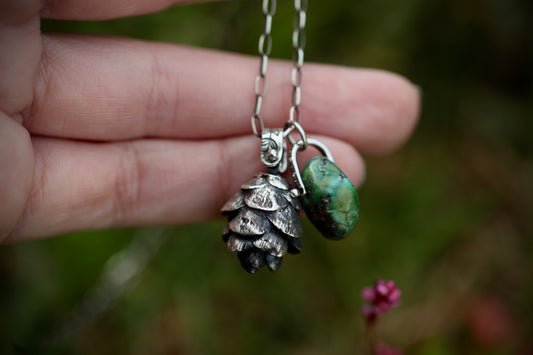 Large sterling silver turquoise hemlock cone necklace