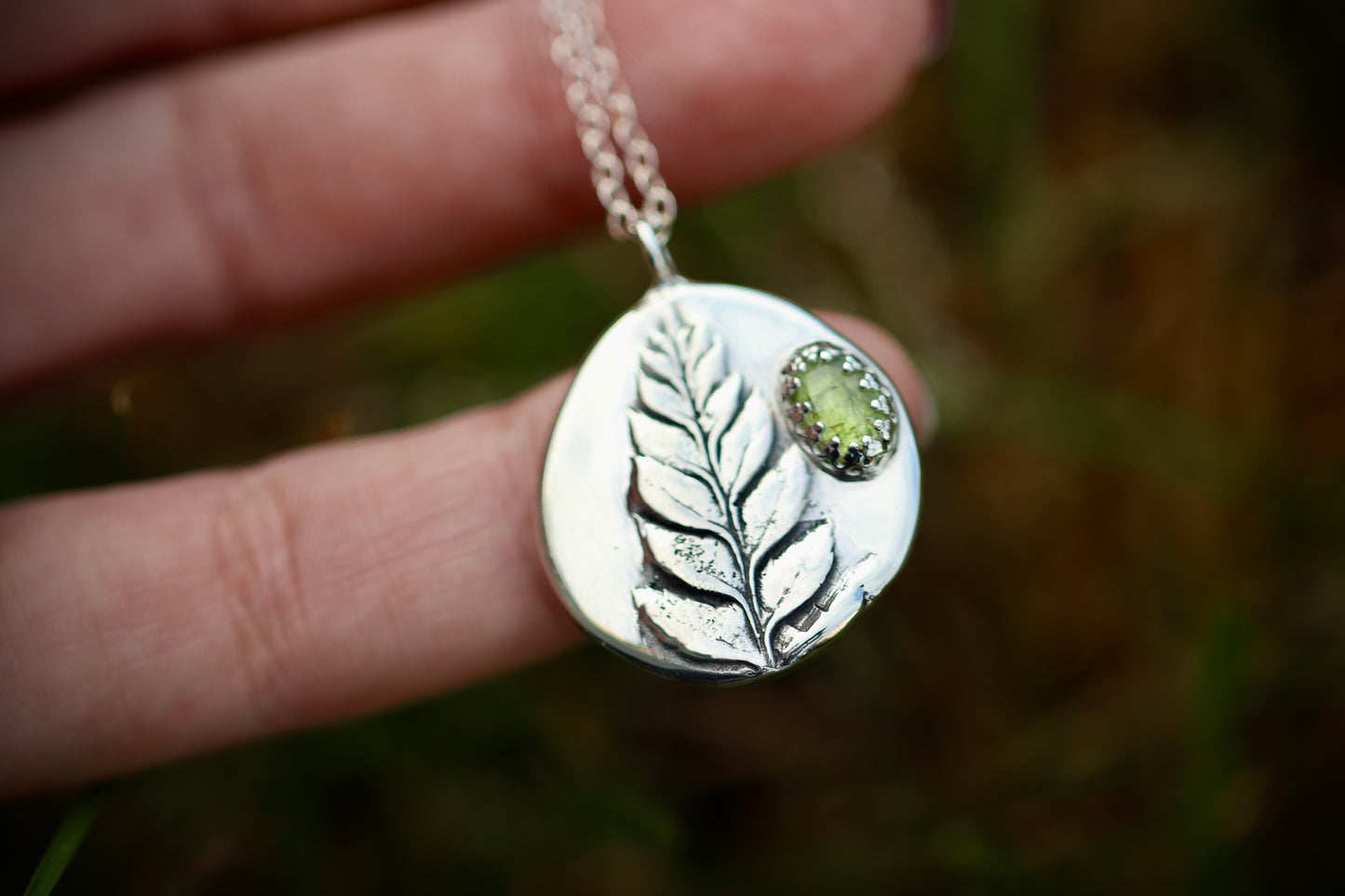Rose cut grossular garnet pressed fern necklace