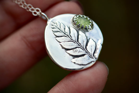 Rose cut grossular garnet pressed fern necklace