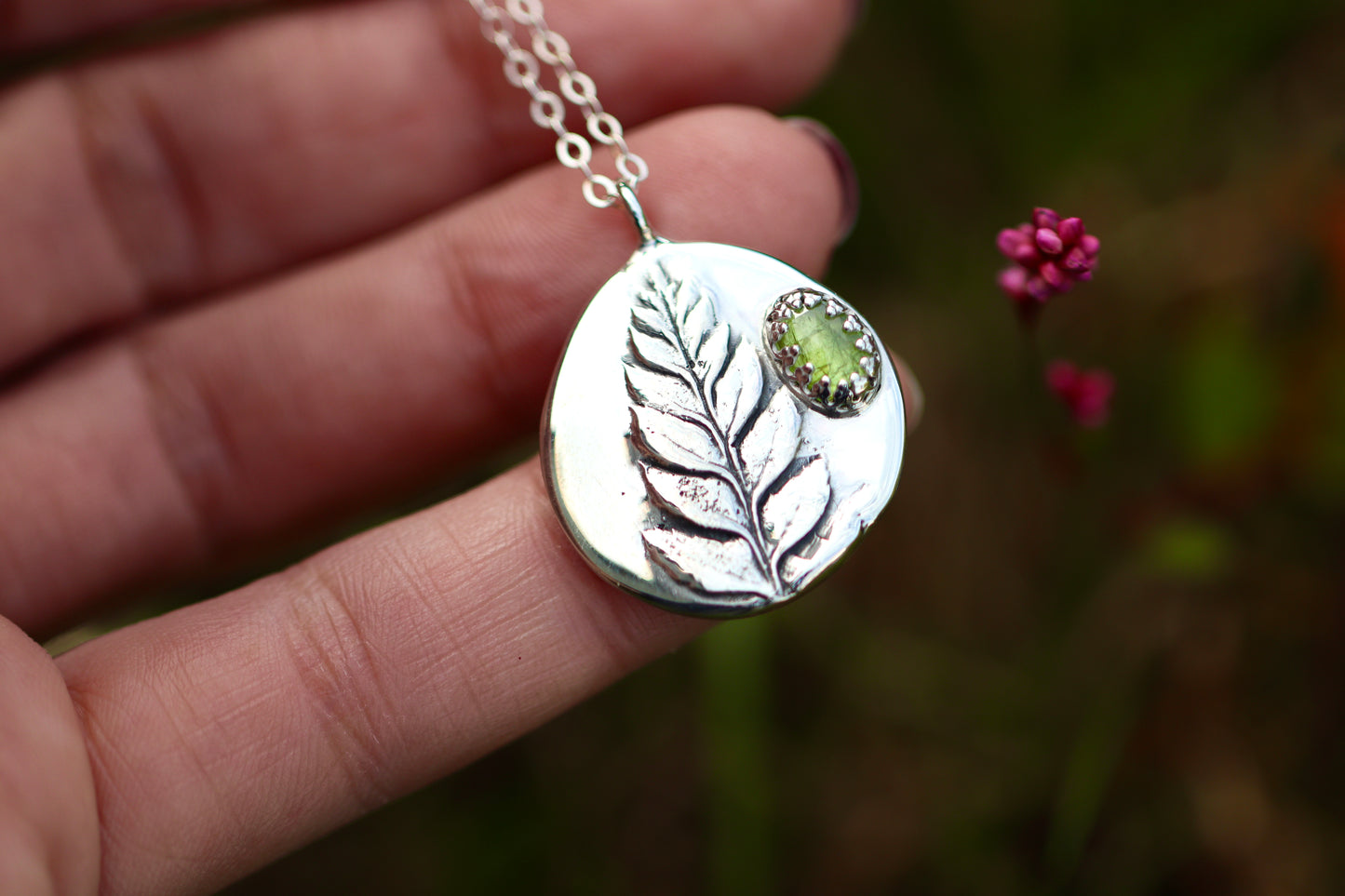 Rose cut grossular garnet pressed fern necklace