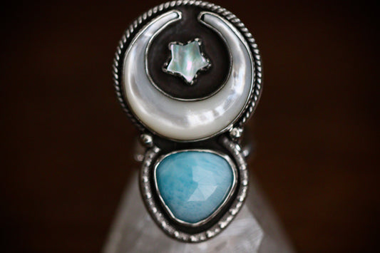 Large mother of pearl moon, star and Larimar statement ring US 7