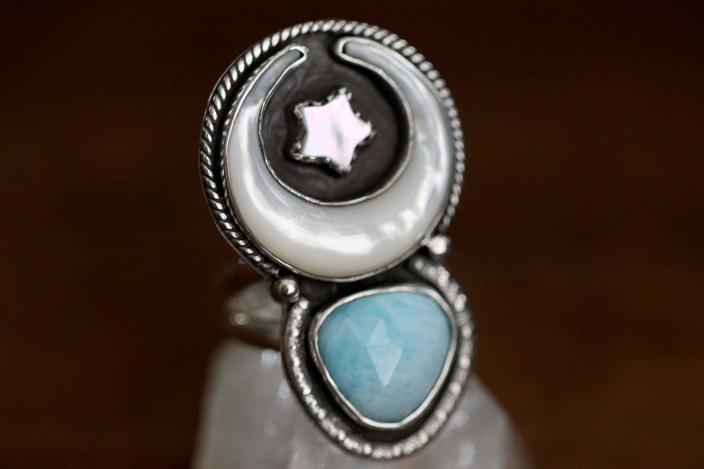 Large mother of pearl moon, star and Larimar statement ring US 7