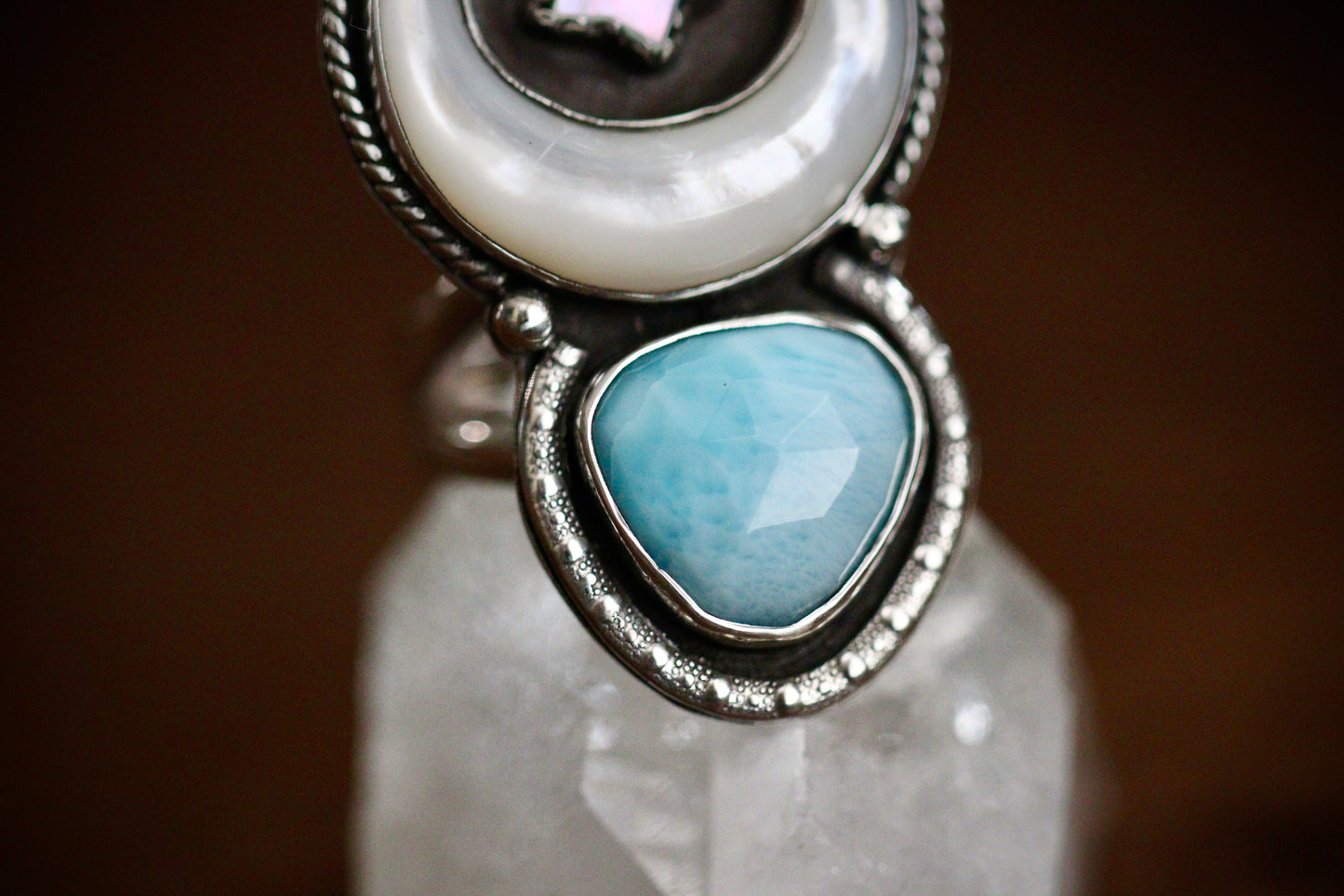 Large mother of pearl moon, star and Larimar statement ring US 7