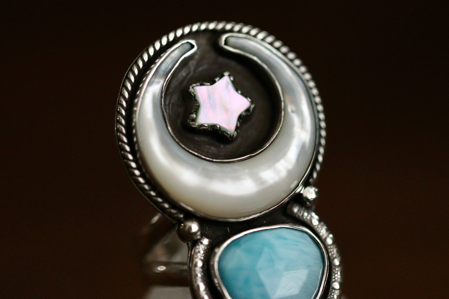 Large mother of pearl moon, star and Larimar statement ring US 7
