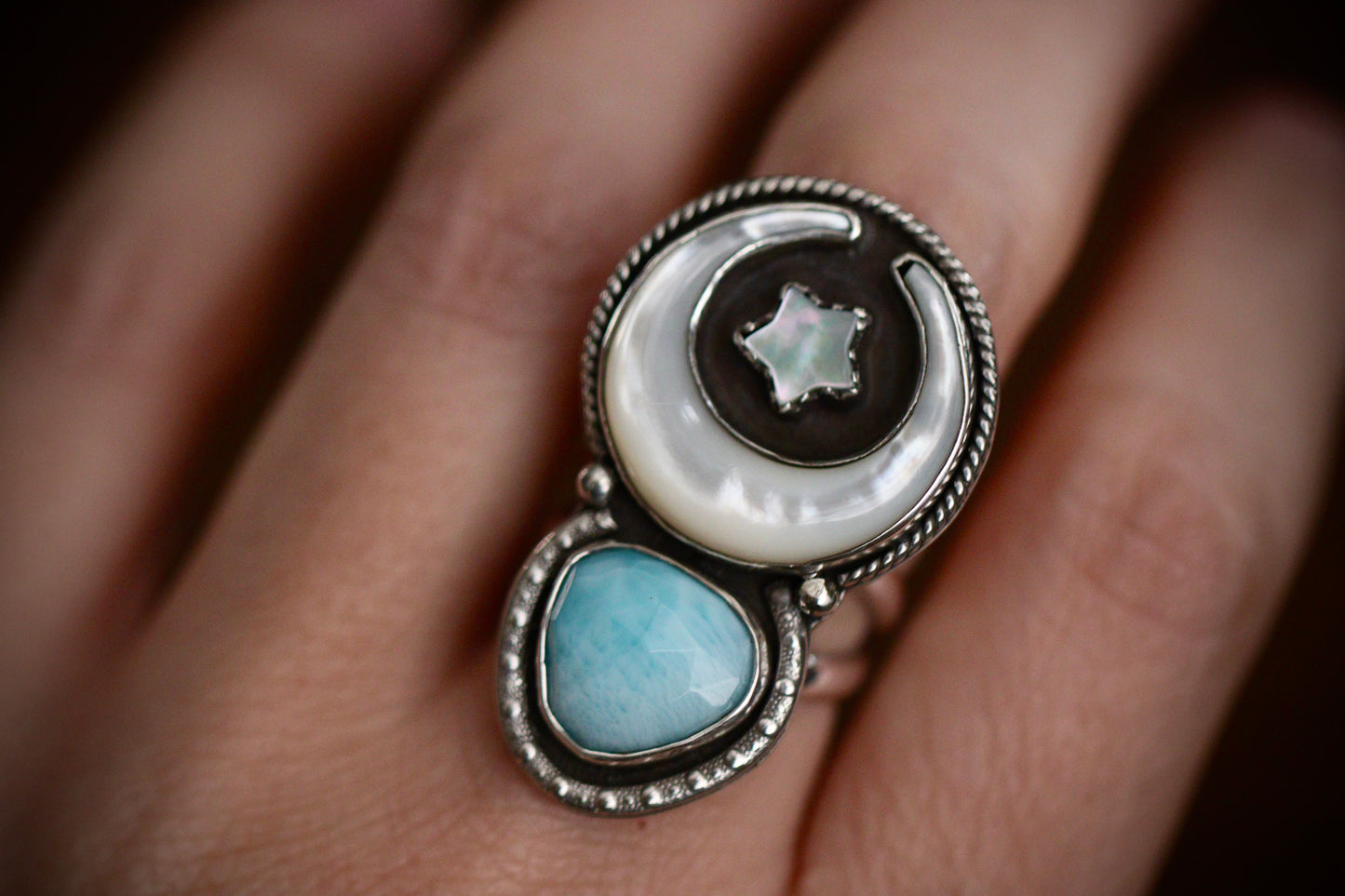 Large mother of pearl moon, star and Larimar statement ring US 7