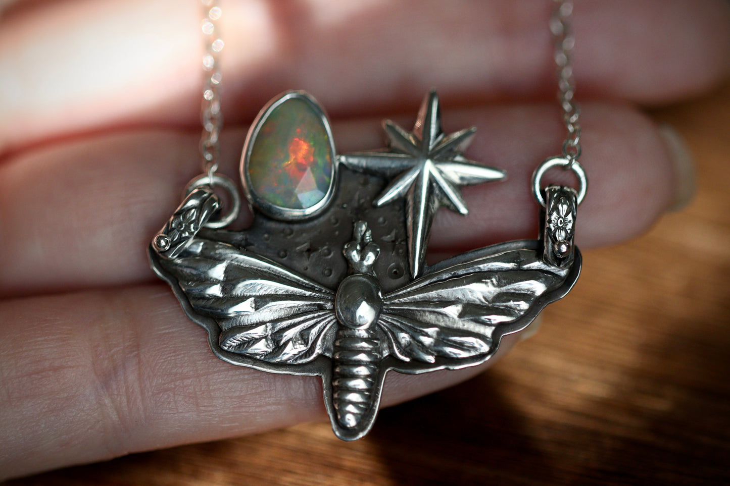 Moth starry night rose cut opal necklace