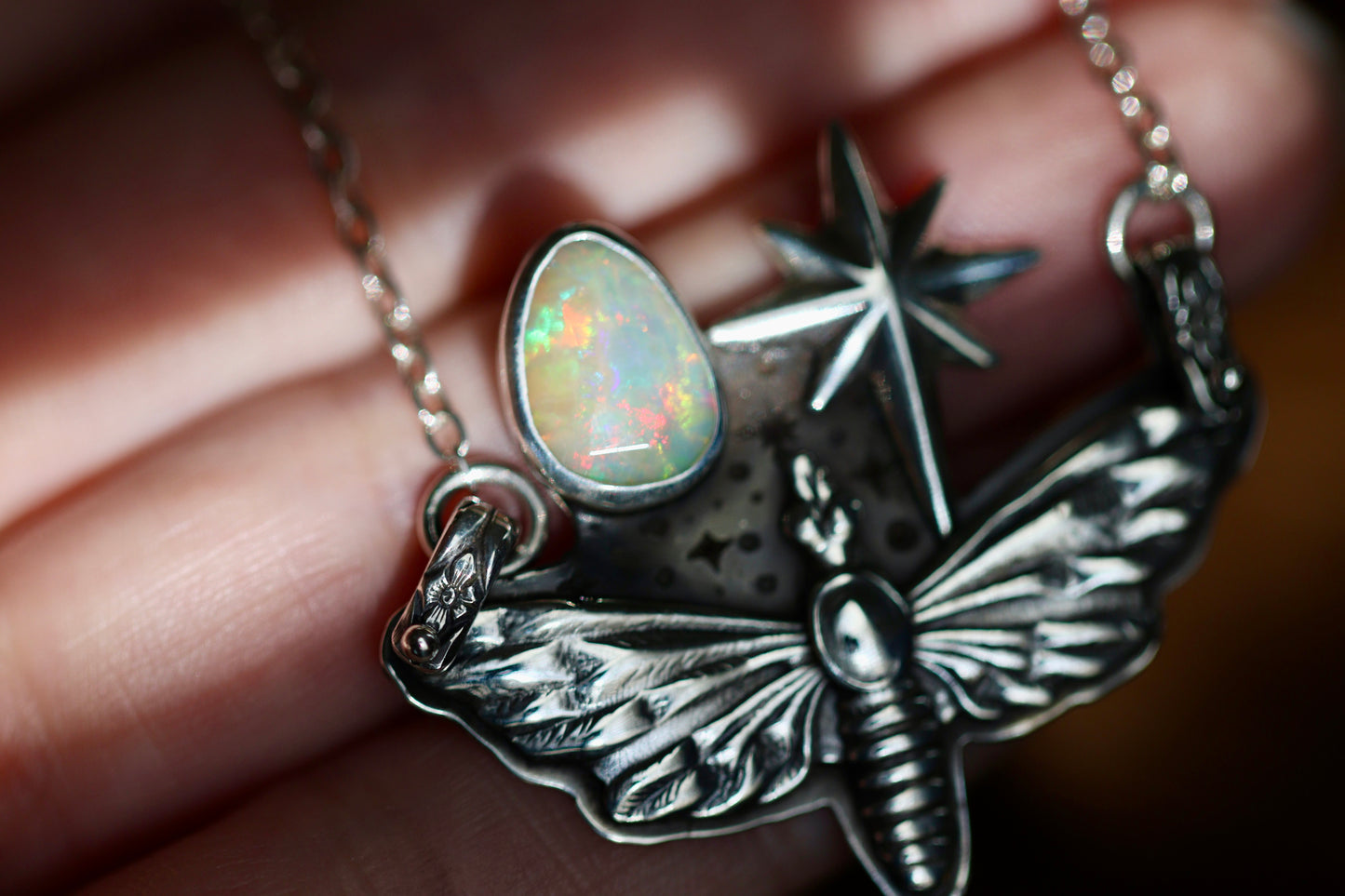 Moth starry night rose cut opal necklace