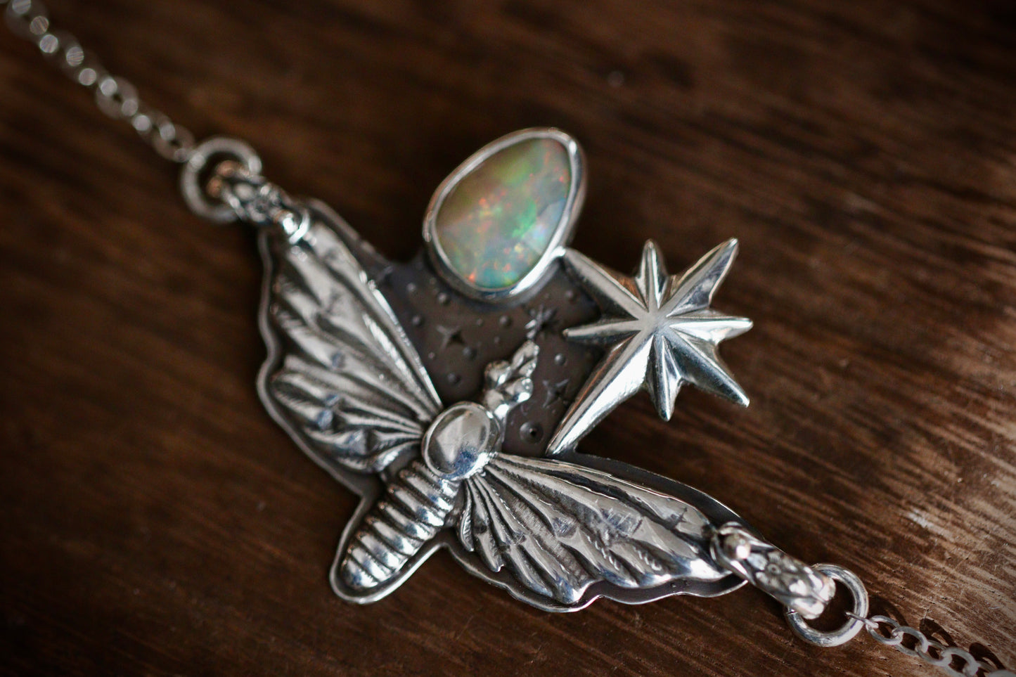 Moth starry night rose cut opal necklace