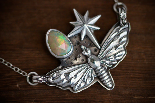 Moth starry night rose cut opal necklace