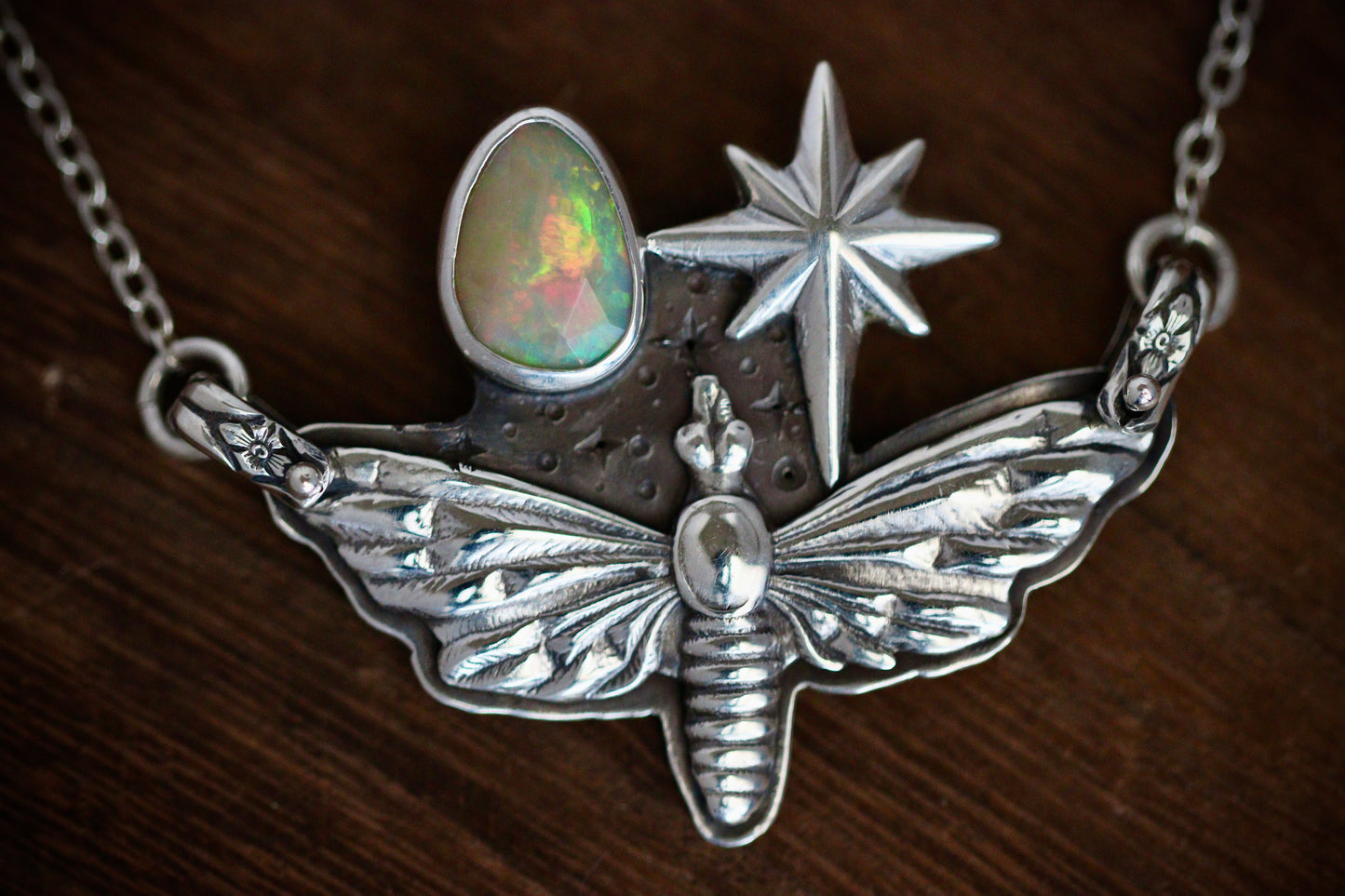 Moth starry night rose cut opal necklace