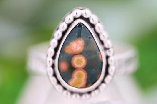 Sterling silver leafy vine ocean jasper ring US size 7