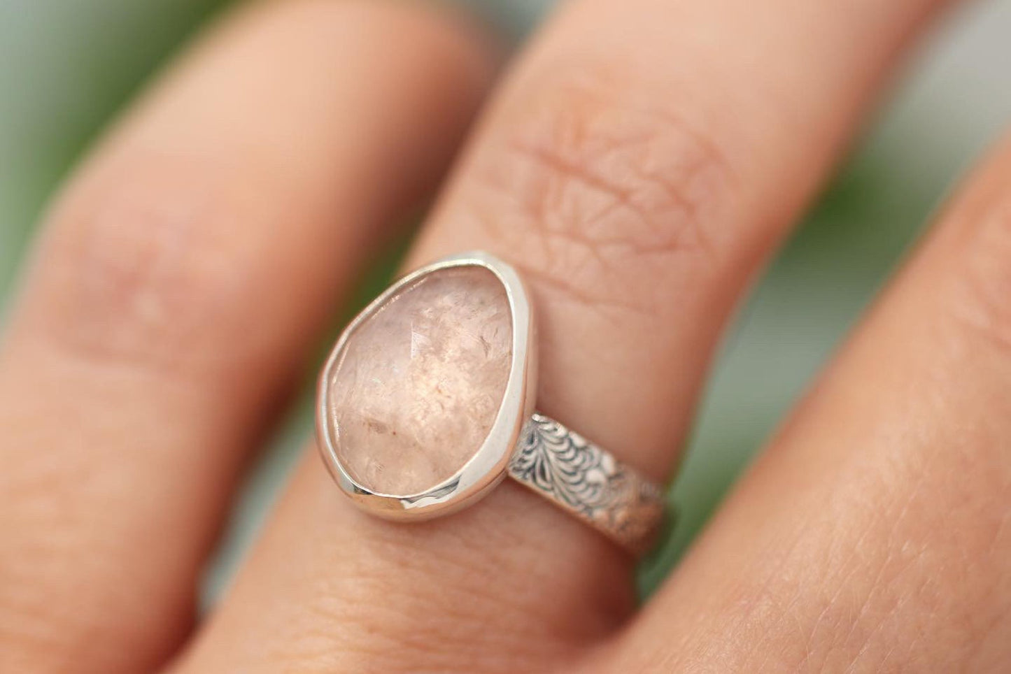 Sterling silver rose cut morganite ring US size 5.75
