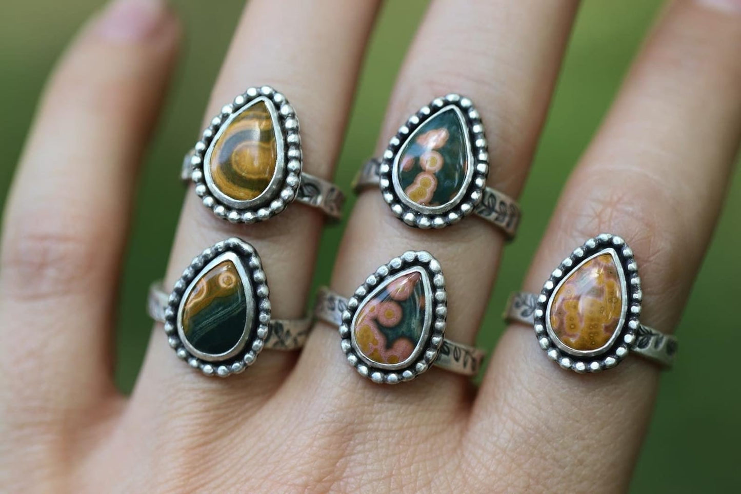 Sterling silver leafy vine ocean jasper ring US size 8.25