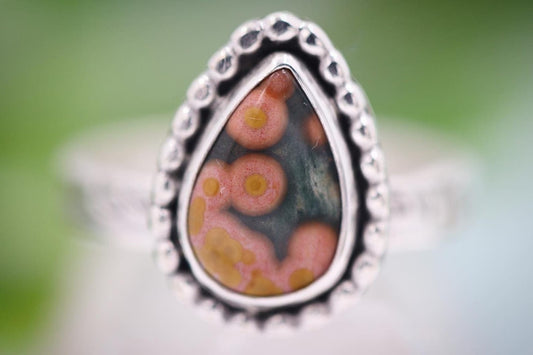 Sterling silver leafy vine ocean jasper ring US size 8.25