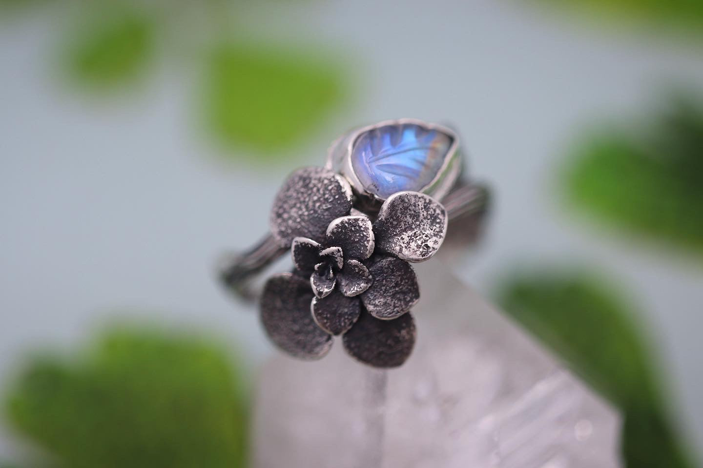 Carved rainbow moonstone leaf twig and succulent twig stacking ring set