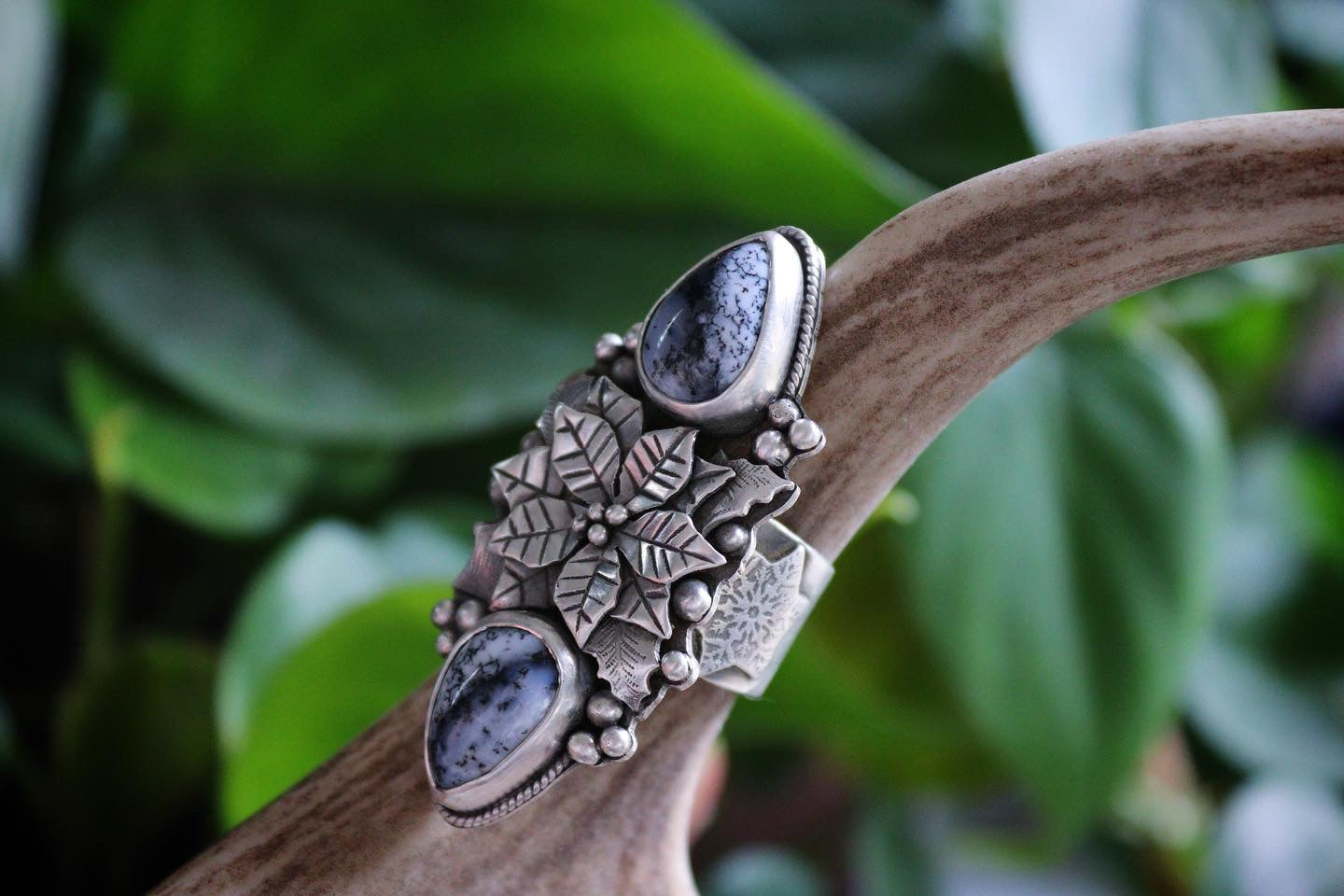Poinsettia and holly ring with Dendrite Opal US size 7