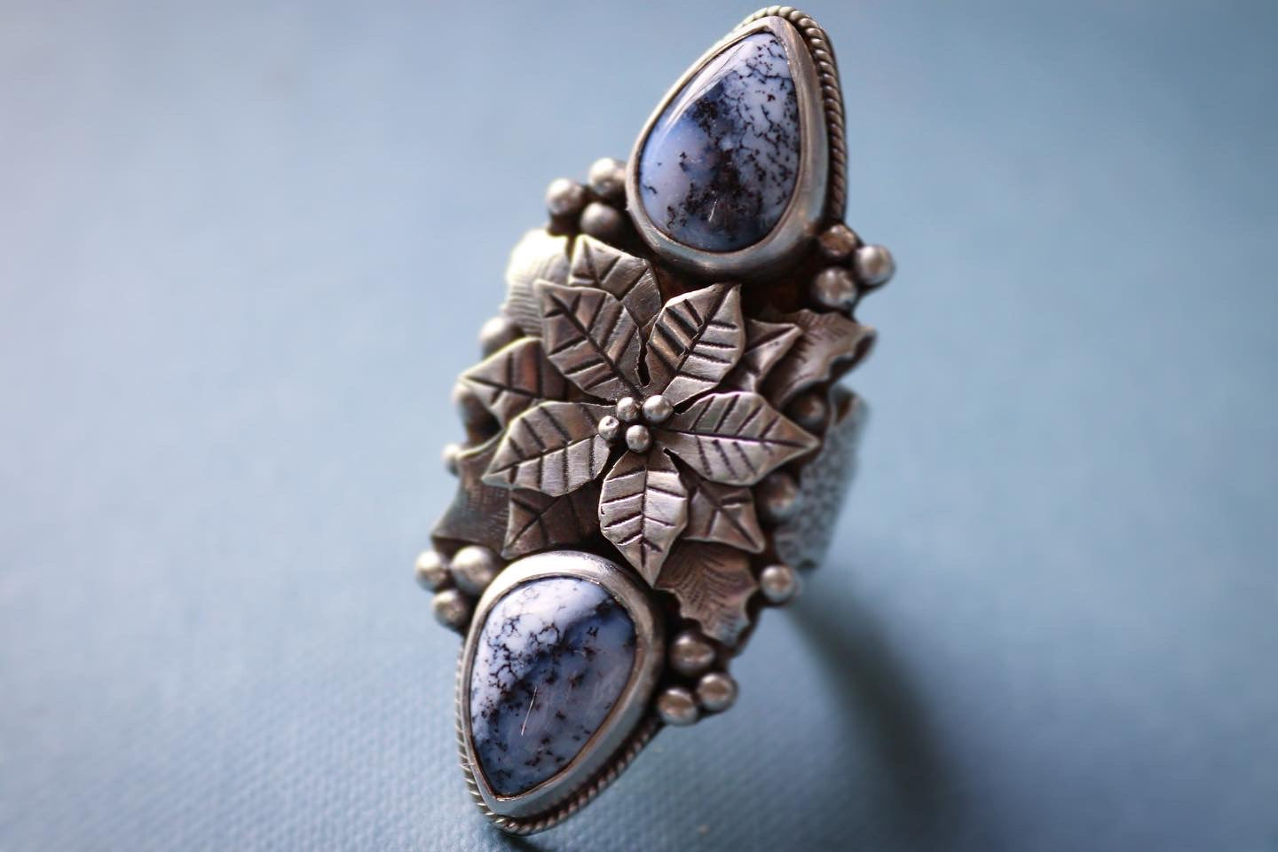 Poinsettia and holly ring with Dendrite Opal US size 7
