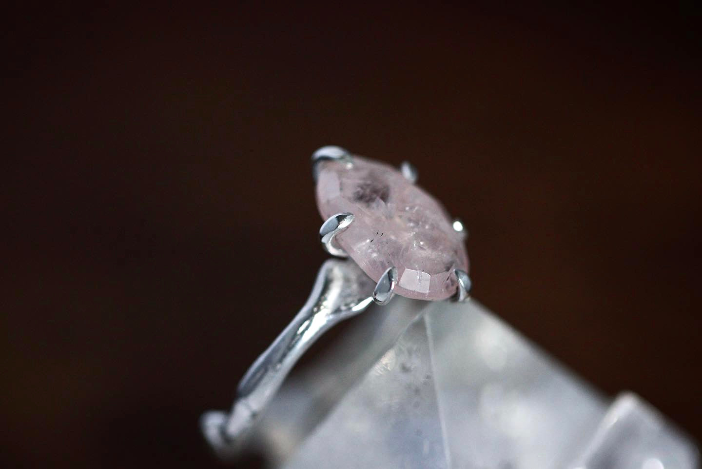 Sterling silver prong set morganite twig ring US size 7