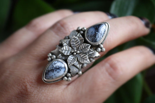 Poinsettia and holly ring with Dendrite Opal US size 7
