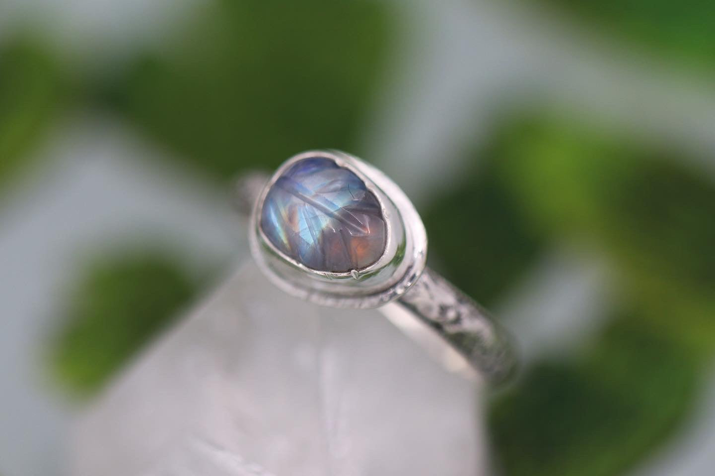 Carved rainbow moonstone leaf ring US size 7