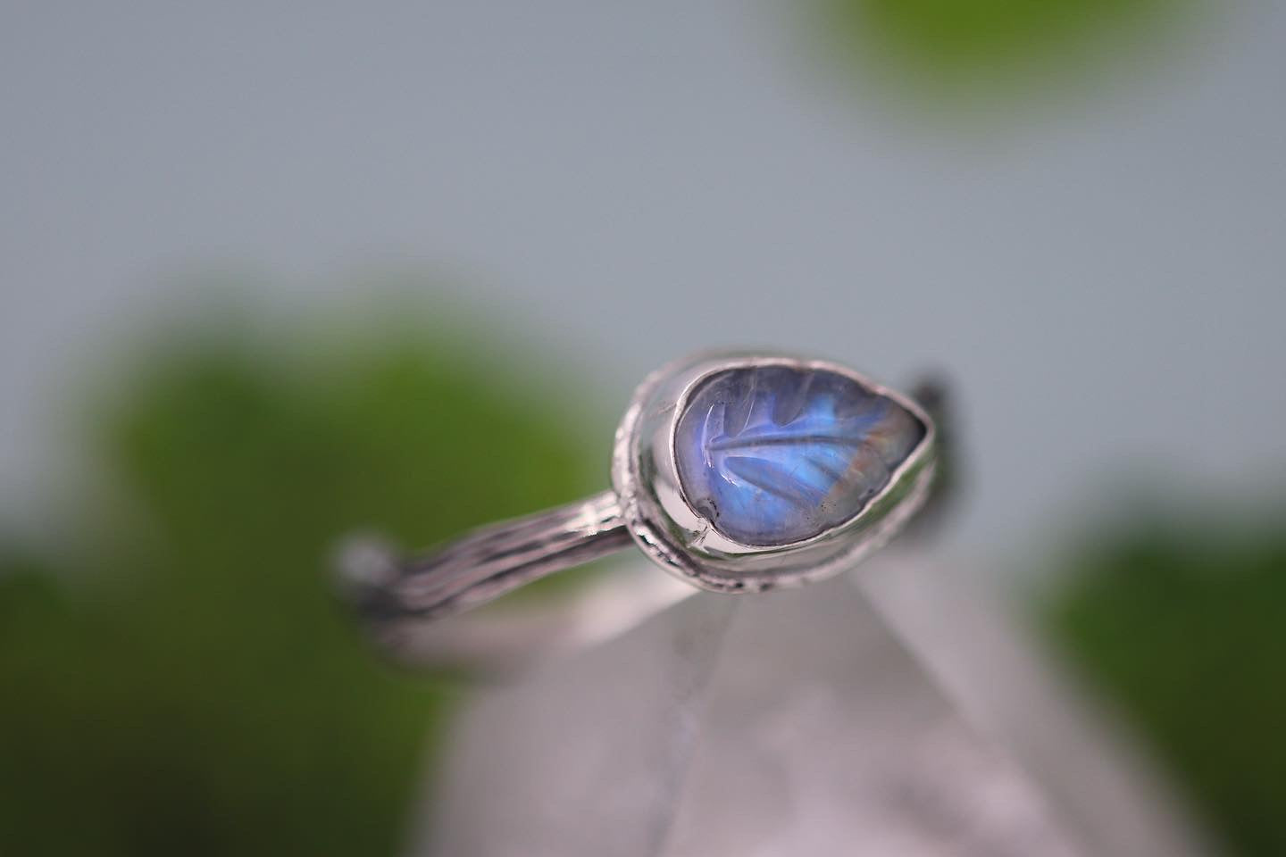 Carved rainbow moonstone leaf twig and succulent twig stacking ring set
