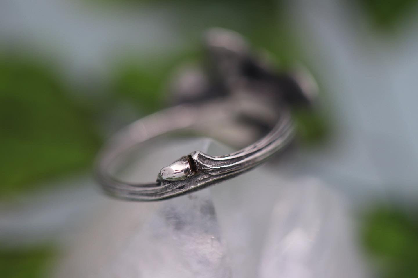 Carved rainbow moonstone leaf twig and succulent twig stacking ring set