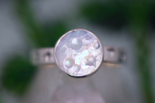 Sterling silver starry night pearl moon ring US 8