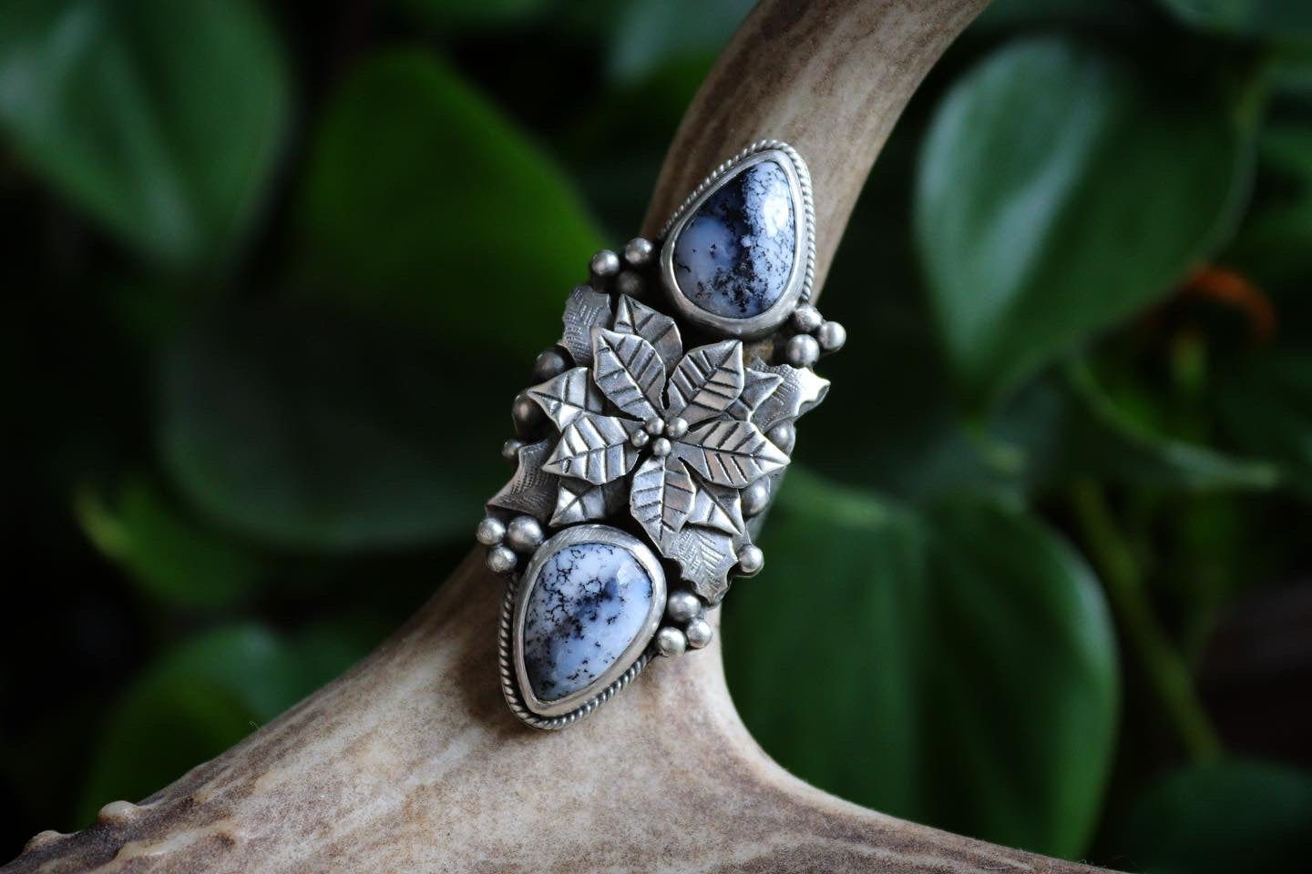 Poinsettia and holly ring with Dendrite Opal US size 7