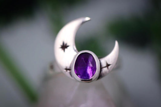 Sterling silver crescent moon starry night amethyst ring US 5.5
