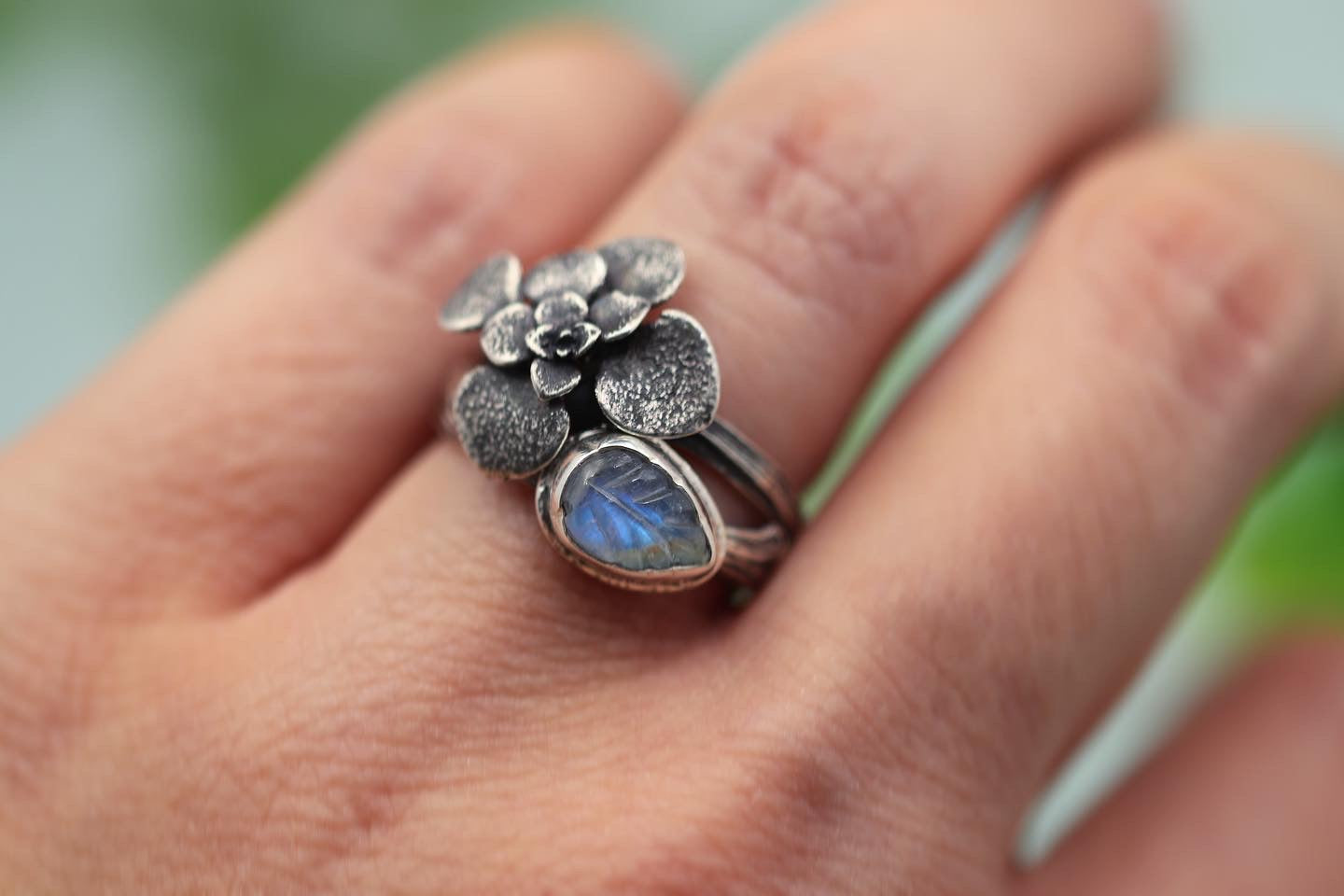 Carved rainbow moonstone leaf twig and succulent twig stacking ring set