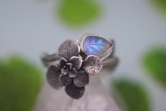Carved rainbow moonstone leaf twig and succulent twig stacking ring set