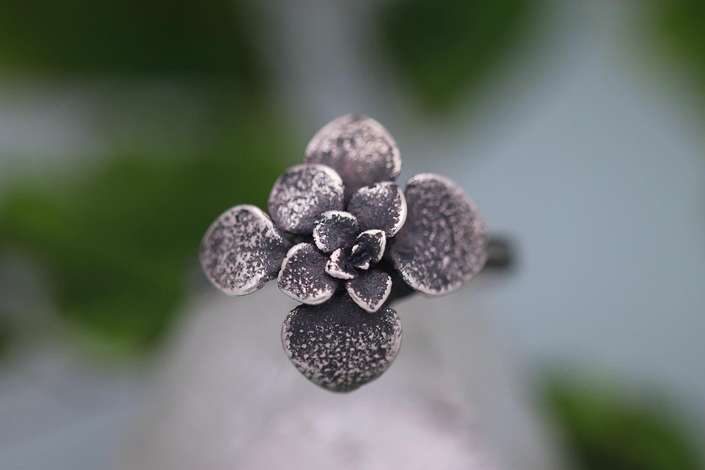 Carved rainbow moonstone leaf twig and succulent twig stacking ring set