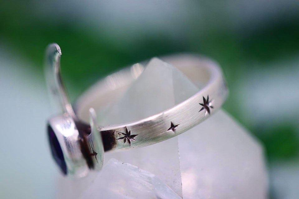 Sterling silver crescent moon starry night amethyst ring US 5.5