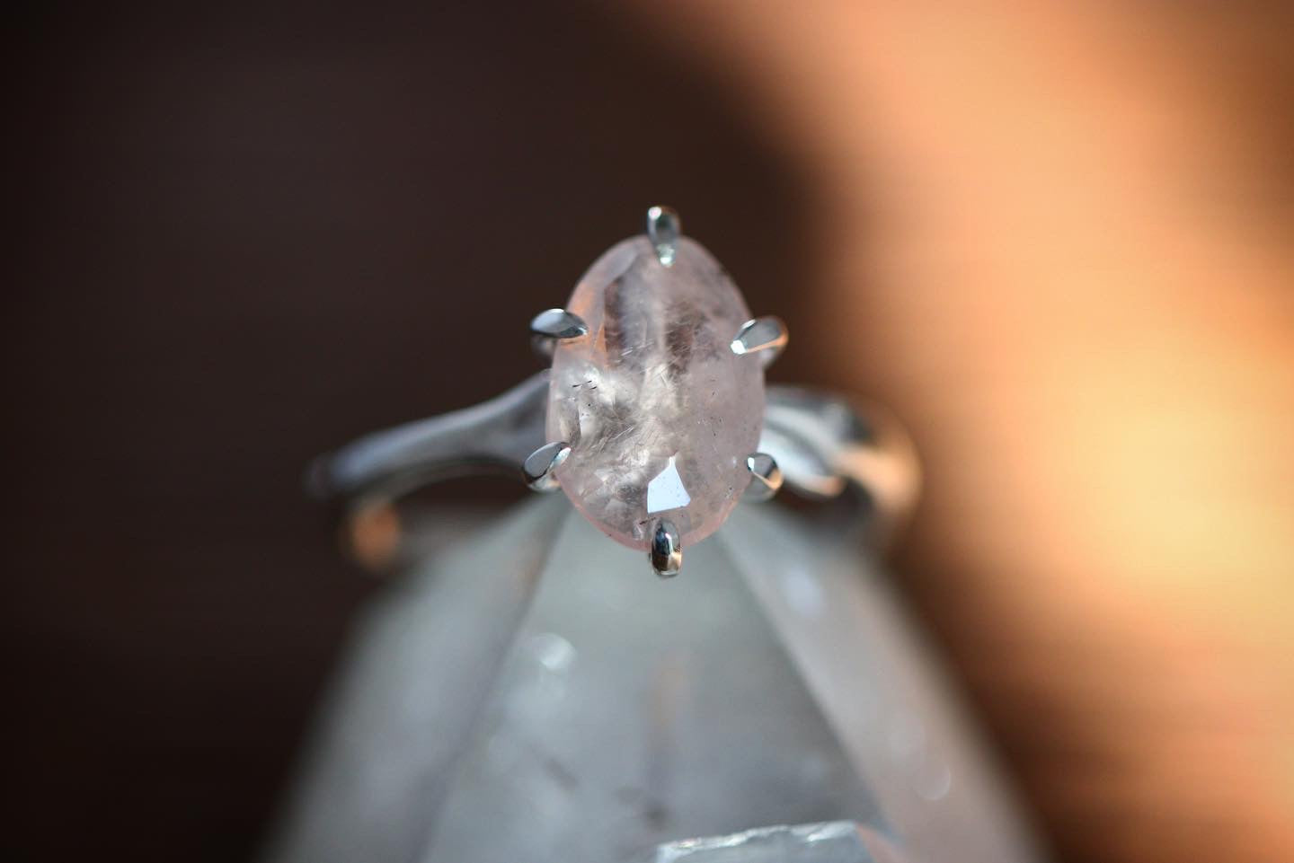 Sterling silver prong set morganite twig ring US size 7