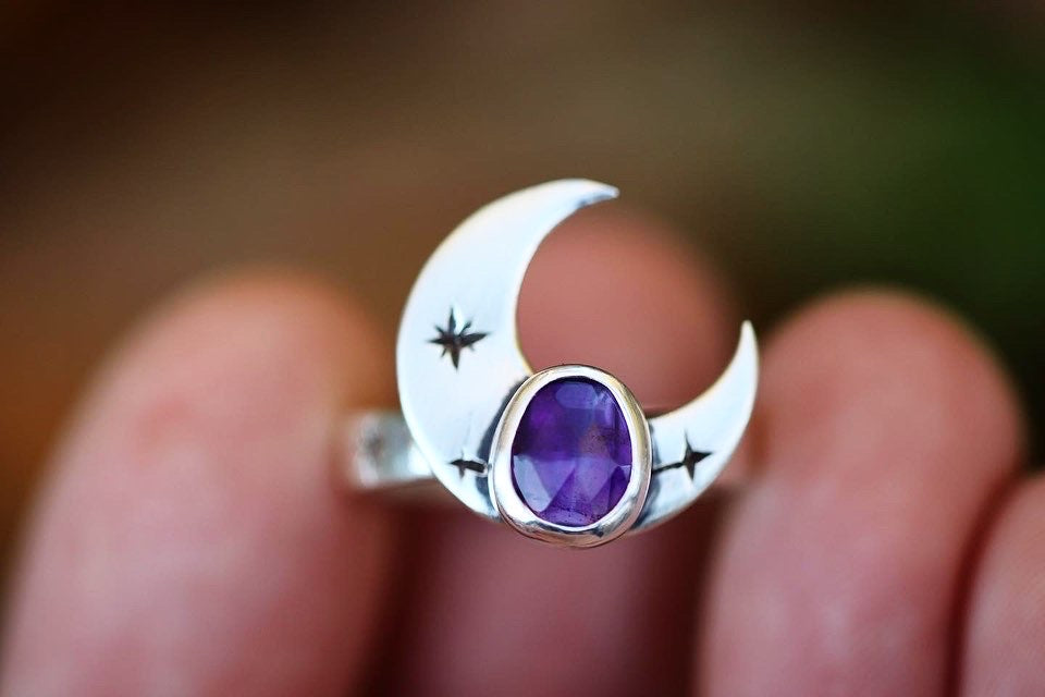 Sterling silver crescent moon starry night amethyst ring US 5.5