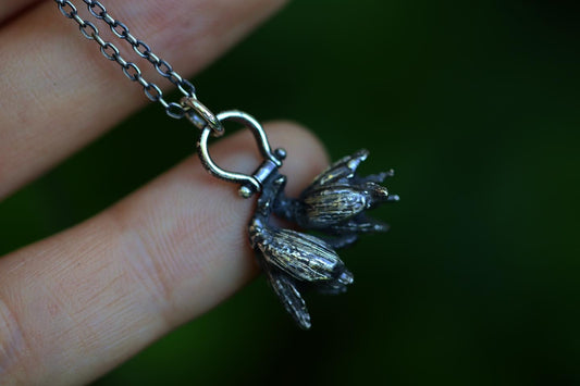 Tiny pinned solid sterling silver eastern red cedar cone necklace