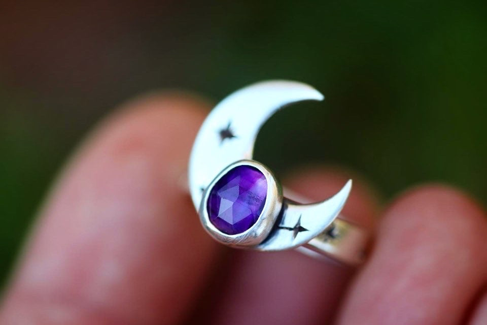 Sterling silver crescent moon starry night amethyst ring US 5.5
