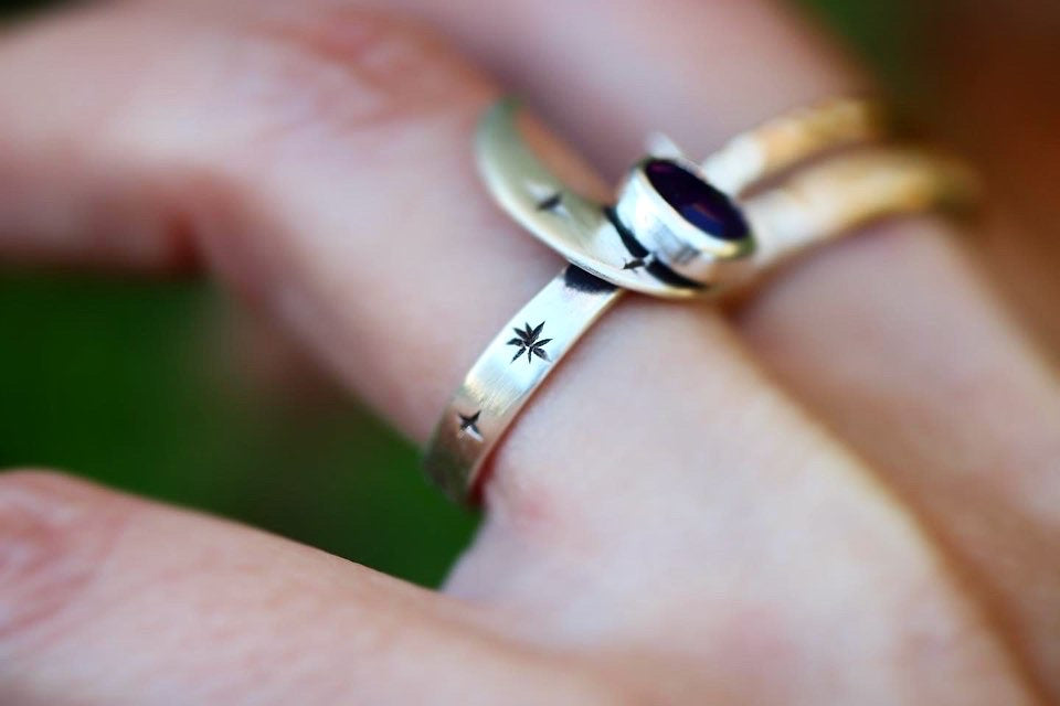 Sterling silver crescent moon starry night amethyst ring US 5.5